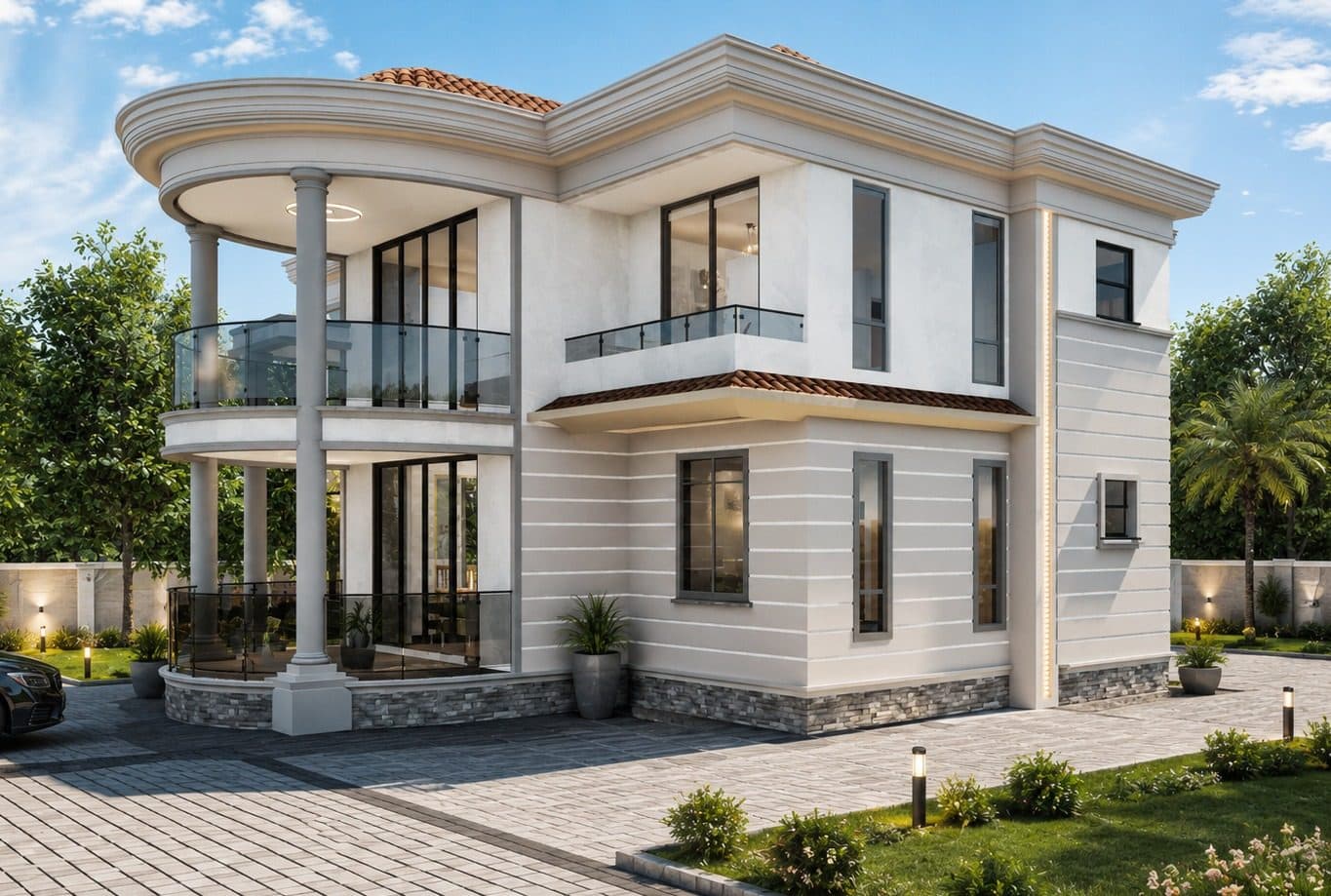 3D visualization of a bungalow with conical terracotta roof and olive-toned facade