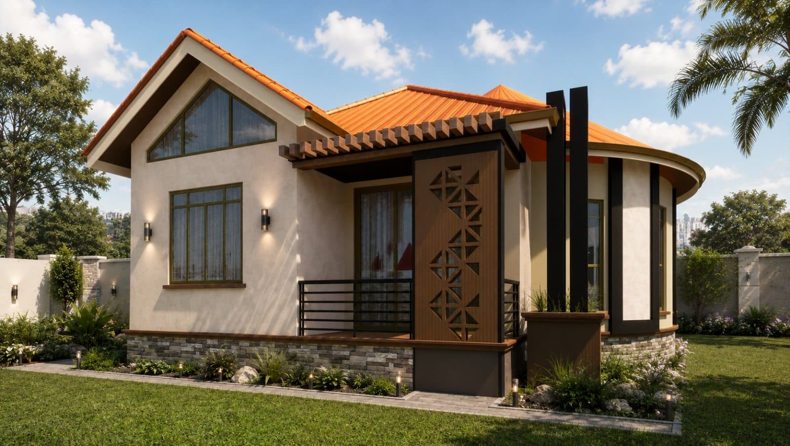 3D visualization of a bungalow with terracotta roof and timber pergola entrance
