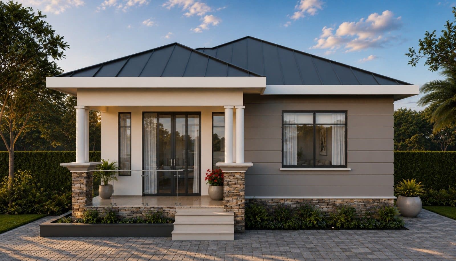 3D visualization of a two-storey residential villa with curved balcony, dusk lighting